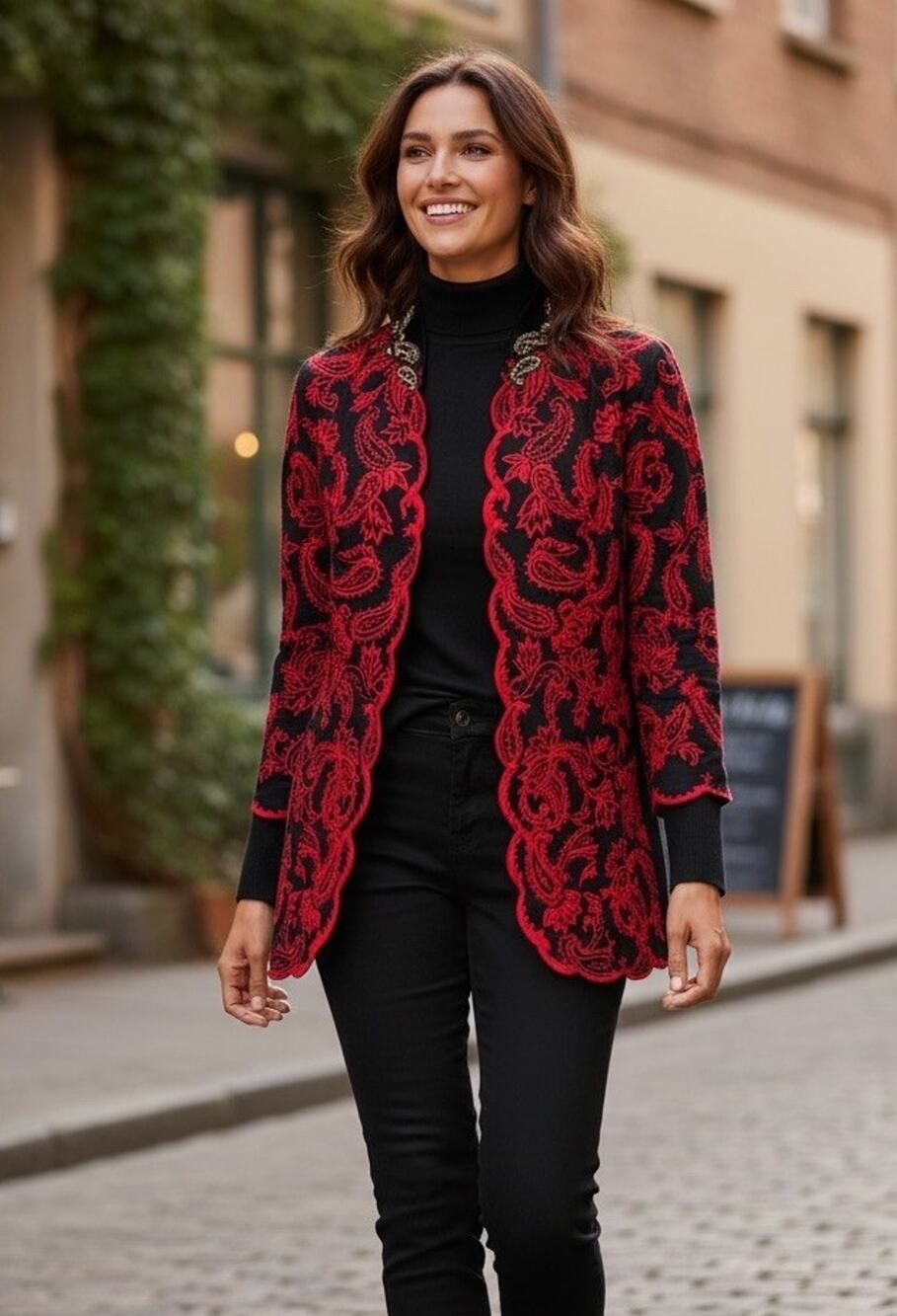 Chico's Size 2 or L Embroidered Paisley Jacket Sequin Collar Black Red